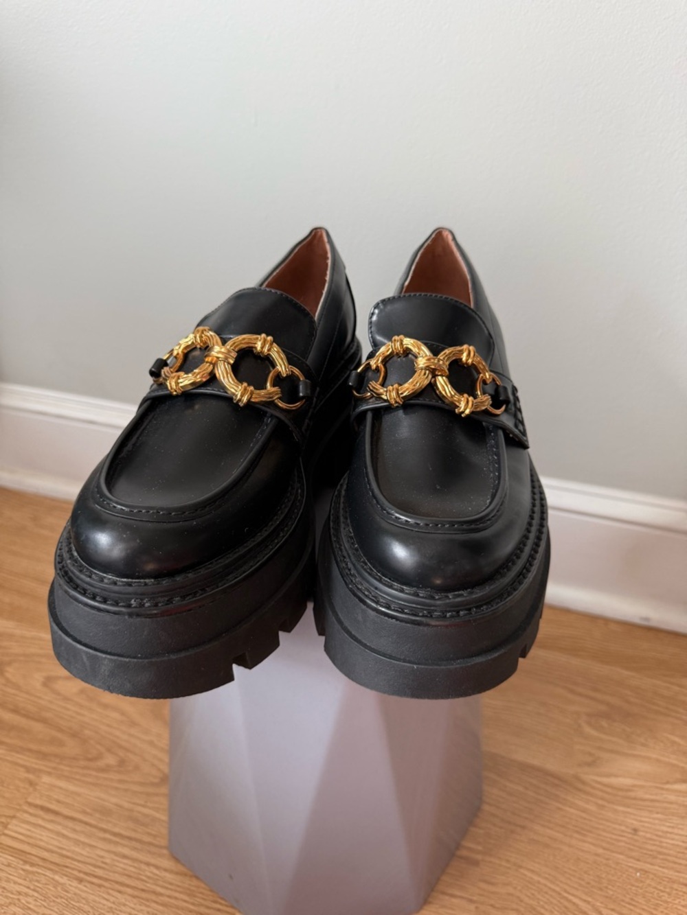 Black Platform Loafers with Gold Chain Detail